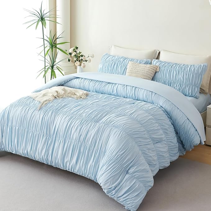 PERFEMET King Size Bed in a Bag Light Blue 5 Pieces Fluffy Boho Ruched Comforter with Sheets Luxury Soft Pleated Texture Bedding Comforter Set All Season Lightweight Vintage Ruffle Bed Sets, 104"x90"
