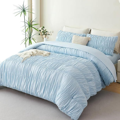 PERFEMET Full Size Bed in a Bag Light Blue 5 Pieces Fluffy Boho Ruched Comforter with Sheets Luxury Soft Pleated Texture Bedding Comforter Set All Season Lightweight Vintage Ruffle Bed Sets, 79"x90"