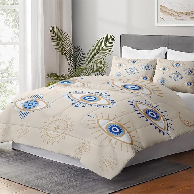 Twin Size Comforter Set with Pillowcase, Bohemian Eye 2 Pcs Bedding for Kids and Adults, Blue Boho Soft Comforter Set for Bedroom Bed Decor