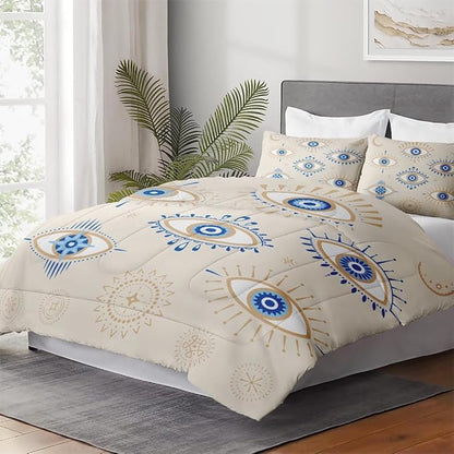 Twin Size Comforter Set with Pillowcase, Bohemian Eye 2 Pcs Bedding for Kids and Adults, Blue Boho Soft Comforter Set for Bedroom Bed Decor