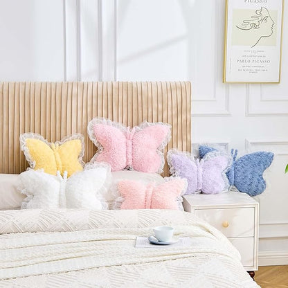 Butterfly Pillow Yellow Decorative Pillows 20" Butterfly Shaped Cute Throw Pillows with Lace Aesthetic Bow Plush Cushion for Room Decor Bed Sofa Couch