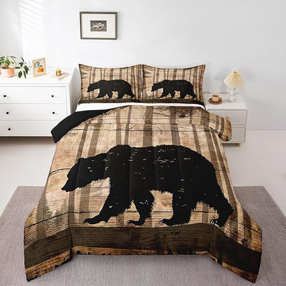 Feelyou Western Rustic Bear Comforter Set Queen, Wildlife Hunting Quilt Set with 2 Pillowcases, Forest Animal Hunting Bedding Set 3pcs Kids Boys Teens Room Decor, Wooden Board Farmhouse Duvet Insert