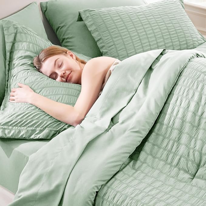 CozyLux Full Size Comforter Sets with Sheets Seersucker 7 Pieces Sage Green Bed in a Bag Textured Luxury Soft Bedding Set with Down Alternative Comforter, Sheets, Pillowcases & Shams for All Seasons