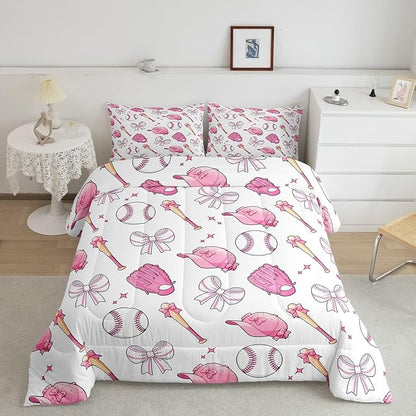 Baseball Bow Comforter Set Queen Size,Pink Bowknot Bedding Sets 3Pcs for Kids Girls Boys Women Room Decor,Baseball Bat and Cap Quilted Duvet Cute Girly Sports Down Comforter,2 Pillowcases