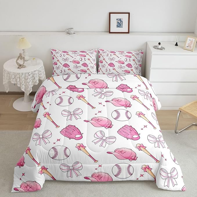 Castle Fairy Baseball Bow Comforter Set King Size,Pink Bowknot Bedding Sets 3Pcs for Kids Girls Boys Women Room Decor,Baseball Bat and Cap Duvet Insert Cute Girly Sports Down Comforter,2 Pillowcases