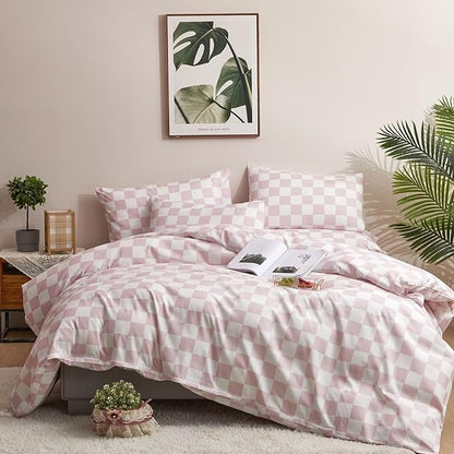 Houseri Pink White Plaid Comforter Set Cal King Light Pink Buffalo Checkered Bedding Comforter California King Baby Pink Checkerboard Bedding Sets Women Elegant Pale Pink Grid Bed Comforters Cal King