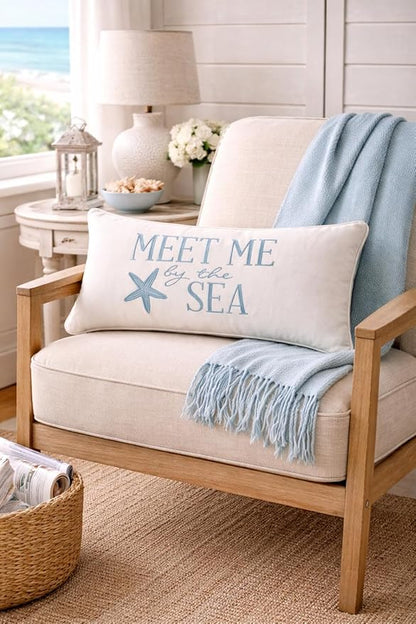 C&F Home Starfish Meet Me at The Sea Embroidered Accent Pillow 12" x 24" Summer Coastal Beach House Nautical Ocean Home Living Room Sofa Couch Chair Bed Bedroom Decor Decoration 12" x 24" White