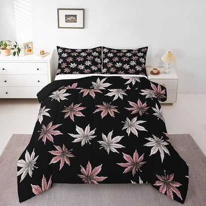 Erosebridal Pink Leaves Comforter Set Full, Leaves Bedding for Kids Boys Girls,Tropical Botanical Bedding Comforter Sets,Exotic Plant Down Comforter,Luxury Soft