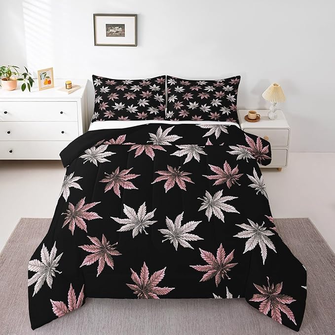 Erosebridal Pink Leaves Comforter Set Toddler, Leaves Bedding for Kids Boys Girls,Tropical Botanical Bedding Comforter Sets,Exotic Plant Down Comforter,Luxury Soft
