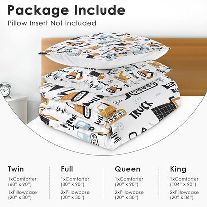 Boys Construction Comforter Set for Kids Teens Twin, Hand Drawn Car Excavator Truck Bedding Sets Water Washed Microfiber Bedding with 1 Comforter 1 Pillowcase All Season