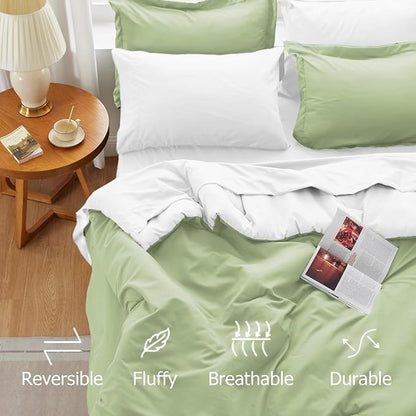 King Size Comforter Set Light Green Reversible Bedding Set, 7 Pieces Soft Bed in a Bag King with Comforter, Sheets, Pillowcases & Shams, All Season Boho King Bed Set