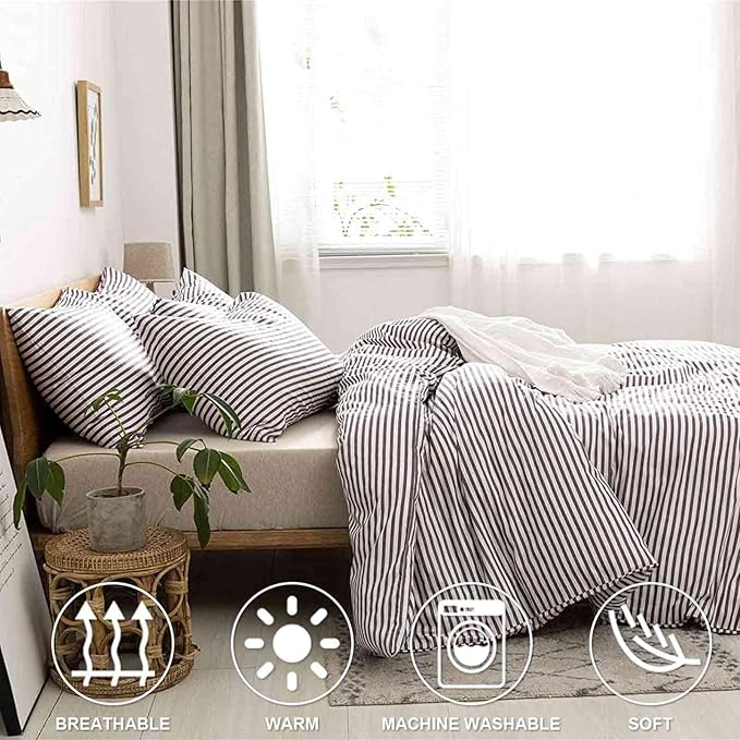 Nanko Queen Size Comforter Set, Grey and White Striped Print Pattern Soft Reversible Down Alternative Quilted Duvet Insert Bed Sets, Bedding Sets in a Bag for Women Men Teen, 90x90 3 Pcs Gray Stripe