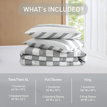 Reversible Striped Queen Comforter Set, Soft Microfiber Bedding Set with Double-Sided Stripes Design, Warm & Cozy for All-Seasons, 3-Piece Comforter and Shams Set Queen Size, Grey