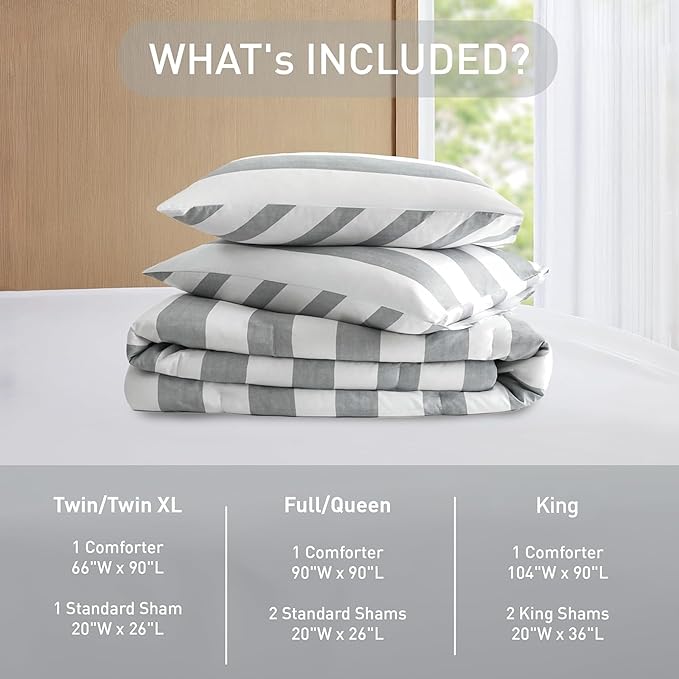 Reversible Striped Twin Comforter Set, Soft Microfiber Bedding Set with Double-Sided Stripes Design, Warm & Cozy for All-Seasons, 2-Piece Comforter and Sham Set Twin Size, Grey