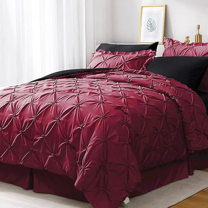 JOLLYVOGUE Burgundy Cal King Size Comforter Sets 7 Pieces, Pintuck Bed in a Bag Comforter Set for Bedroom, Bedding Comforter Sets with Comforter, Sheets,Ruffled Shams & Pillowcases