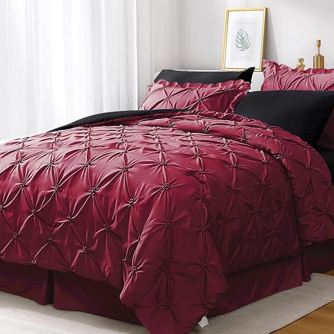 JOLLYVOGUE Burgundy Full Size Comforter Sets 7 Pieces, Pintuck Bed in a Bag Comforter Set for Bedroom, Bedding Comforter Sets with Comforter, Sheets,Ruffled Shams & Pillowcases