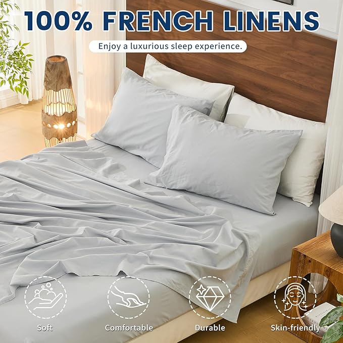 Bedlifes 100% French Pure Linen Sheets California King Size Breathable and Cooling Flax Sheet Set Soft Durable and Moisture Wicking 16 Inch Deep Pocket-4 Piece(Cal King,Grey)