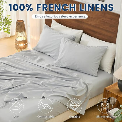 Bedlifes 100% French Pure Linen Sheets California King Size Breathable and Cooling Flax Sheet Set Soft Durable and Moisture Wicking 16 Inch Deep Pocket-4 Piece(Cal King,Grey)