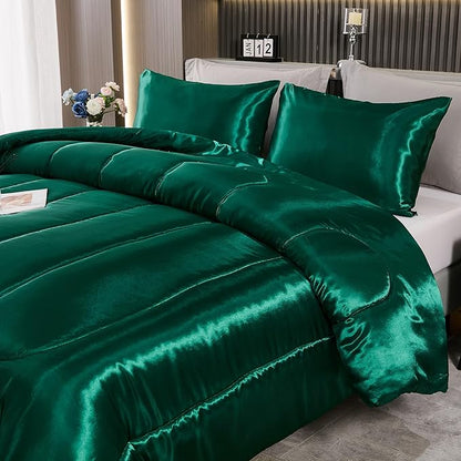 Bedding_Dreamer Satin Comforter Set King Size Silk Like Silky Down Comforter Luxury Hotel Silky Bed Home Deocr Blackish Green Bedding Set