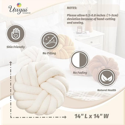 Uvvyui Knot Pillows, 14 Inch Decorative Throw Pillows Round Pillows Cushion, Soft Handmade Knotted Ball Pillow Plush Cushion Home Decor for Bed Couch Living Room (Ivory, 14 Inch)