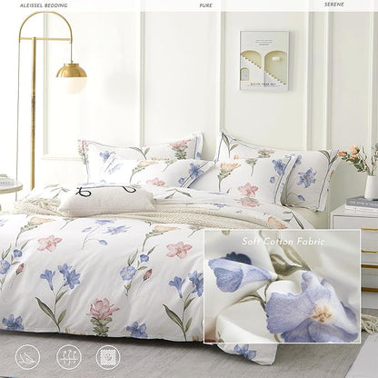 Natural Cotton 3pcs Floral Comforter Sets King Size - White Comfoter with Blush,Blue & Beige Floral Prints, Neutural Refresh Lightweight Bedding Sets(King 104"×90")