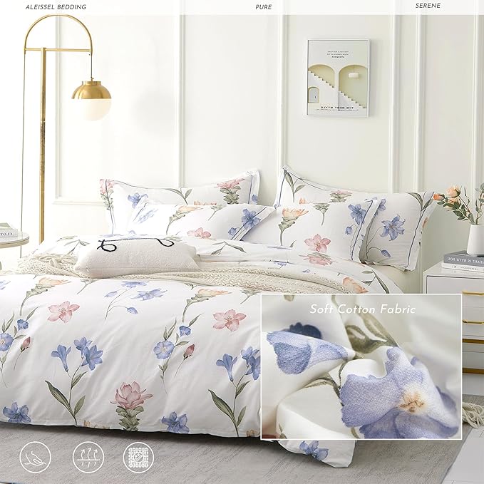 Natural Cotton 3pcs Floral Comforter Sets Queen Size - White Comfoter with Blush,Blue & Beige Floral Prints, Neutural Refresh Lightweight Bedding Sets(Queen 90"×90")