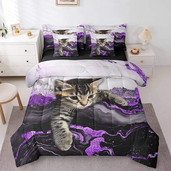 Erosebridal Purple Marbling Bedding Set Twin Watercolor Marble Ink Fluid Bed in A Bag Luxury Modern Marbling Cat Comforter Sets with Sheets Retro Artwork Style Aesthetic 7 Pieces Bed Set