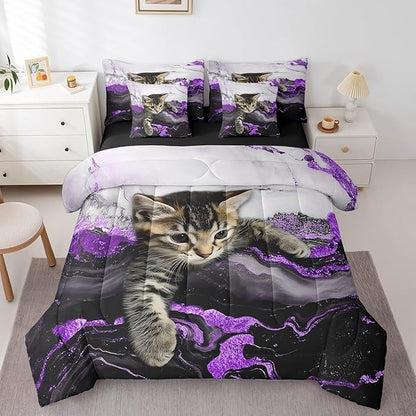 Erosebridal Purple Marbling Bedding Set Full Watercolor Marble Ink Fluid Bed in A Bag Luxury Modern Marbling Cat Comforter Sets with Sheets Retro Artwork Style Aesthetic 7 Pieces Bed Set