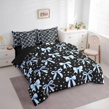 Erosebridal Kids Girls Bowknot Bow Black Blue Y2K 7 Piece Bedding Set Twin | Kawaii Cute Comforter Set with Sheets Starry Dreamy Bed in A Bag Princess Bed Sets