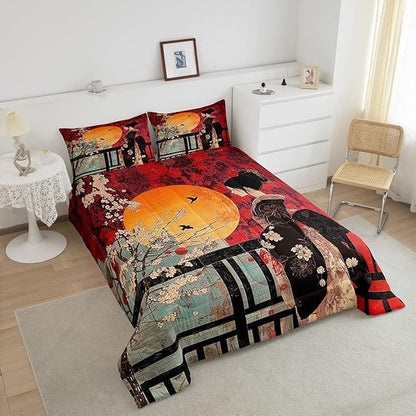 Erosebridal Japanese Style Comforter Set, Cherry Blossoms Down Comforter Full Size for Kids Girls Women Bedroom Decor, Sakura Flower Bedding Set, Japan Ukiyo-E Quilt, Red, Lightweight
