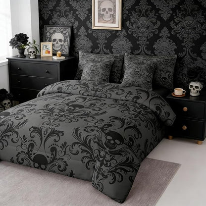 Erosebridal Gothic Damask Bed in a Bag King Size Comforter Set 7 Pieces,Sugar Skull Bedding Sets Black Grey Victorian Floral Goth Sheet Set with Comforter
