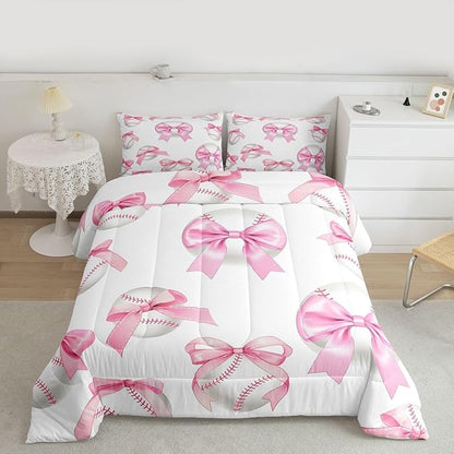 Baseball Bowknot Bedding Sets Twin Size,Baseball Sport Games Comforter Set 2Pcs for Kids Girls Boys Women Room Decor,Pink Bow Tie Print Quilted Duvet Sweet Modern Down Comforter,1 Pillowcase