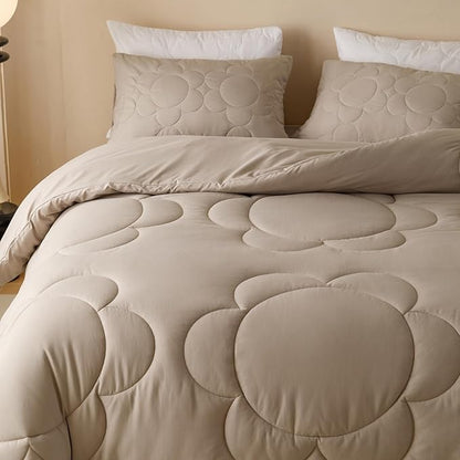 CLOTHKNOW Beige Coffee Daisy Puff Comforter Set California King 3Pcs Light Khaki Bedding Comforter Sets Floral Comforter Tan Bed Comforter Soft Oatmeal Comforter Cal King
