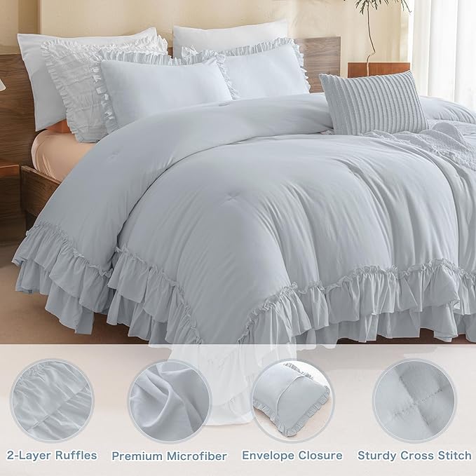Masaca Ruffled Comforter Set for Queen Bed,3 Pieces Vintage Farmhouse Shabby Bedding Set Lightweight Ultra Soft French Country Bedding (1 Cornflower Blue Comforter +2 Pillowcases)