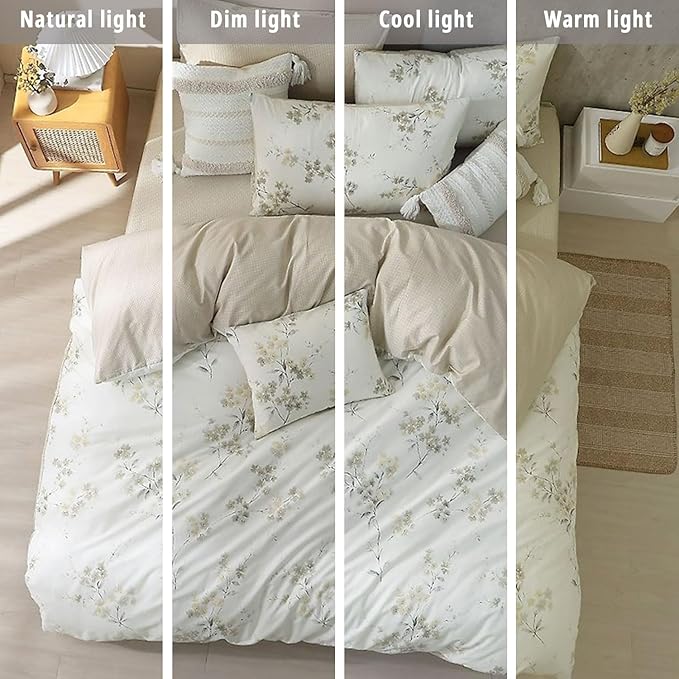 Floral Cotton Comforter King Size - Cream Comforter with Luxrious Grey Branches & Subtle Beige Blossoms,Reversible Lightweight Bedding Sets 3Pcs(104"×90")