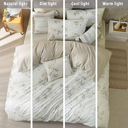 Floral Cotton Comforter Queen Size - Cream Comforter with Luxrious Grey Branches & Subtle Beige Blossoms,Reversible Lightweight Bedding Sets 3Pcs(90"×90")