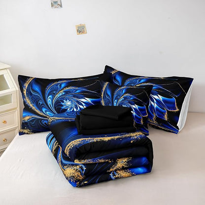 Black Blue Comforter Set Marble Bedding Twin Size Blue and Gold Vortex Floral Psychedelic Design Abstract Bed in A Bag with Sheet Set