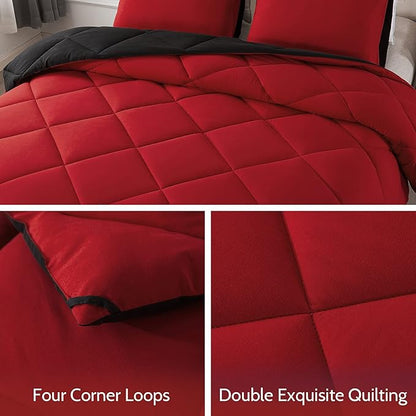 Decroom Lightweight Full Comforter Set with 2 Pillow Sham - 3 Pieces Set - Quilted Down Alternative Comforter/Duvet Insert for All Season - Red/Black - Full Size