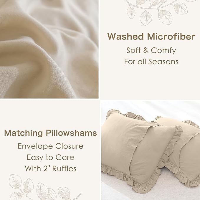 Masaca Ruffle Comforter Full Size,Farmhouse Shabby Boho Chic Ruffled Bedding Sets Full,3PCS Vintage Rustic Soft Microfiber Comforter Set Women Girls French Country Cozy Bedding