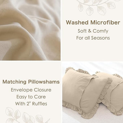 Masaca Ruffle Comforter Full Size,Farmhouse Shabby Boho Chic Ruffled Bedding Sets Full,3PCS Vintage Rustic Soft Microfiber Comforter Set Women Girls French Country Cozy Bedding