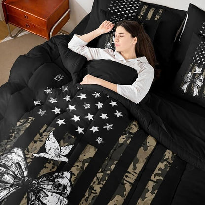 Erosebridal Bow King Comforter Set Camouflage 7-Piece Bed in A Bag Pigeons Birds Bowknot American Flag Sheets and Pillowcases Black White Green Bed Sets