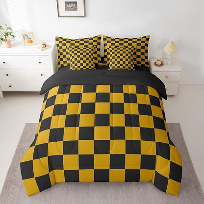 Feelyou Checkered 7 Piece Bedding Set Teen Yellow Black Plaid Comforter Set with Sheets Full Size Kids Boys Cute Retro Neutral Checkerboard Geometric Bed in a Bag Vintage Aesthetic Room Decor