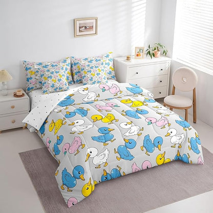 Erosebridal 7 Pcs Duck Comforter Set Full Size,Cartoon Duck Bed in a Bag with Flat Sheet and Fitted Sheet for Kids and Adults,Farm Animal Bedding Set with Pillowcases and Cushion Cases Breathable