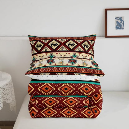 Erosebridal Black Bear Bedding Sets Exotic Bull Skull Western Comforter Set Queen,Ethnic Tribe Arrow Aztec Quilt Indian Tribal Geometric Diamond Triangle Duvet Insert,Bohemian Western Decor,Red