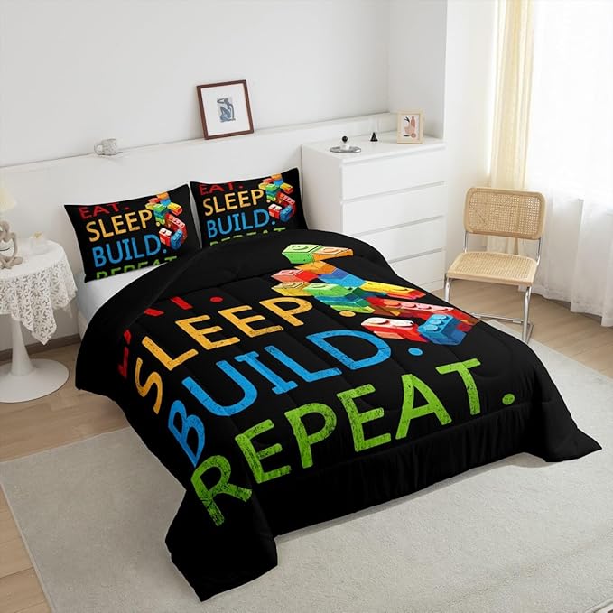 Feelyou Colorful Toy Bedding Set Teen Women Men Funny Building Blocks Decoration Comforter Set Twin Size Kids Boys Girls Cute Games Duvet Insert Colorful Geometric Brick Room Decor