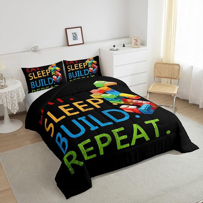Feelyou Colorful Toy Bedding Set Teen Women Men Funny Building Blocks Decoration Comforter Set Toddler Size Kids Boys Girls Cute Games Duvet Insert Colorful Geometric Brick Room Decor