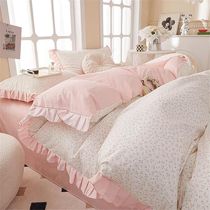 MKXI Queen Size Small Floral Ruffle Comforter Set - 3 Piece Countryside Floral Comforter with Pillow Shams, Reversible White Pink Princess Bedroom Collection, Soft Aesthetic Bedding Set for Teen Girls