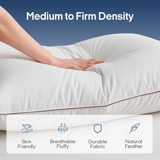 puredown® Goose Feathers and Down Pillows, Premium Medium to Firm Bed Pillows for Sleeping, Luxury Pillows with 100% Cotton Cover, 2 Pack, Standard Size, 20x26 Inches