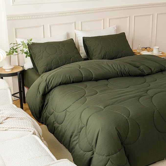 CLOTHKNOW Army Green Floral Comforter Set Twin/Twin XL Daisy Puff Bedding Comforter Sets Dark Green Comforter Sets Twin