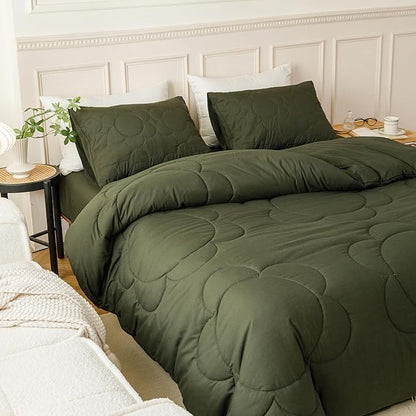 CLOTHKNOW Army Green Floral Comforter Set Twin/Twin XL Daisy Puff Bedding Comforter Sets Dark Green Comforter Sets Twin